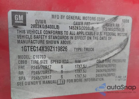 2009 GMC Sierra 1500 Work Truck z USA, uszkodzony, nr VIN 1GTEC14X39Z119826